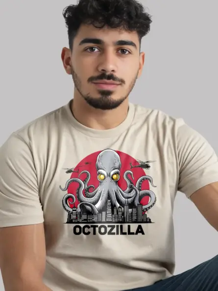 Natural octopus shirt with red circle and monster scene