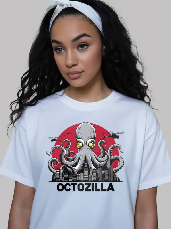 Octopus shirt in white – funny octozilla city attack design