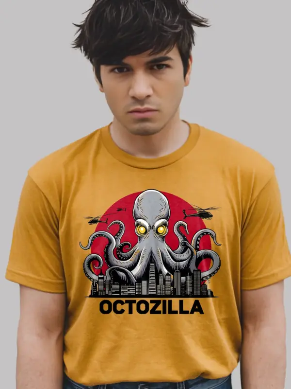 Funny octopus shirt in yellow – octozilla monster tee