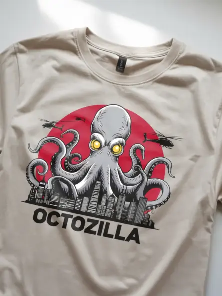 Natural octopus shirt with red circle and monster scene