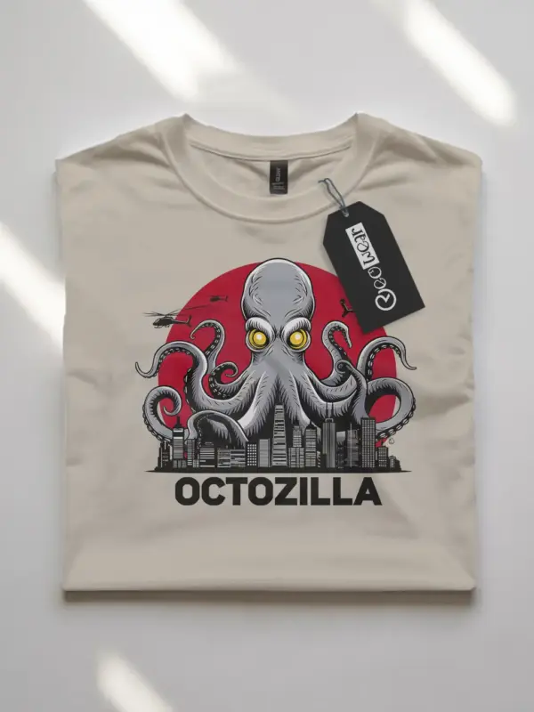 Natural octopus shirt with red circle and monster scene