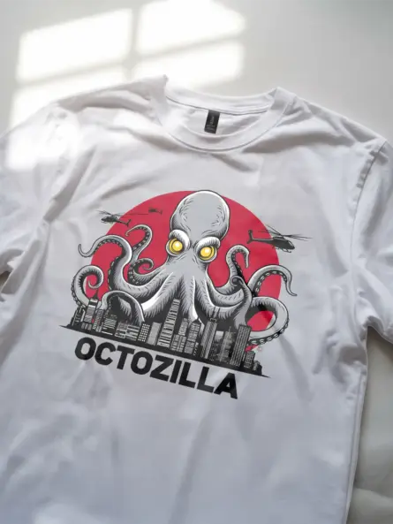 Octopus shirt in white – funny octozilla city attack design
