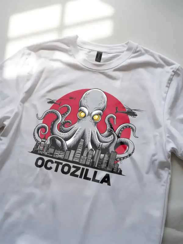 Octopus shirt in white – funny octozilla city attack design