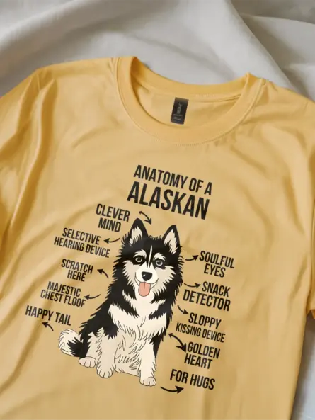 Yellow alaskan malamute dog shirt with labeled illustration