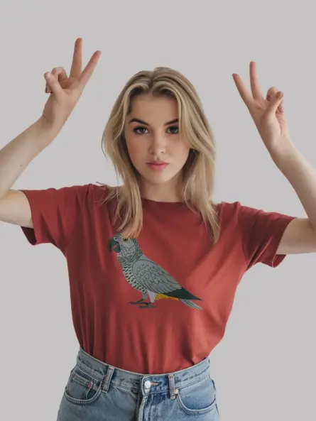 Red african grey parrot shirt – exotic bird tee for parrot lovers