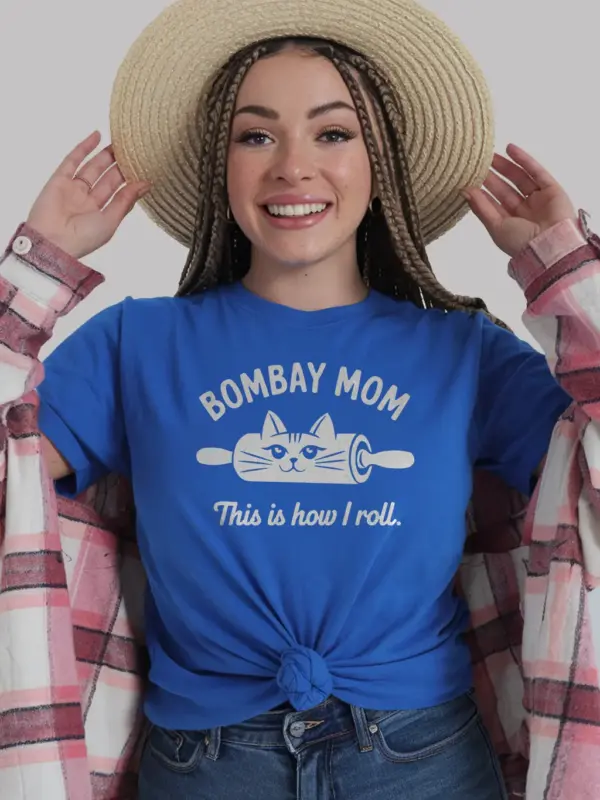 Bombay mom cat shirt in royal blue – funny cat mom tee, baking cat shirt