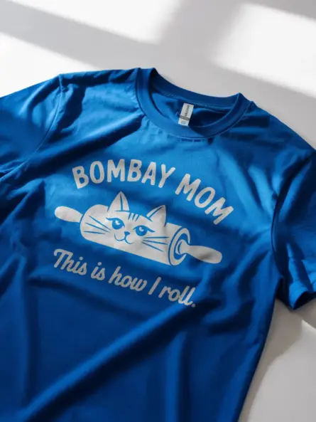 Bombay mom cat shirt in royal blue – funny cat mom tee, baking cat shirt