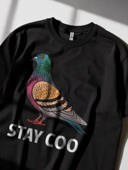 Colorful pigeon shirt in black with stay coo quote