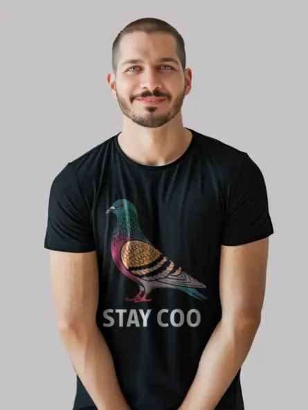 Colorful pigeon shirt in black with stay coo quote