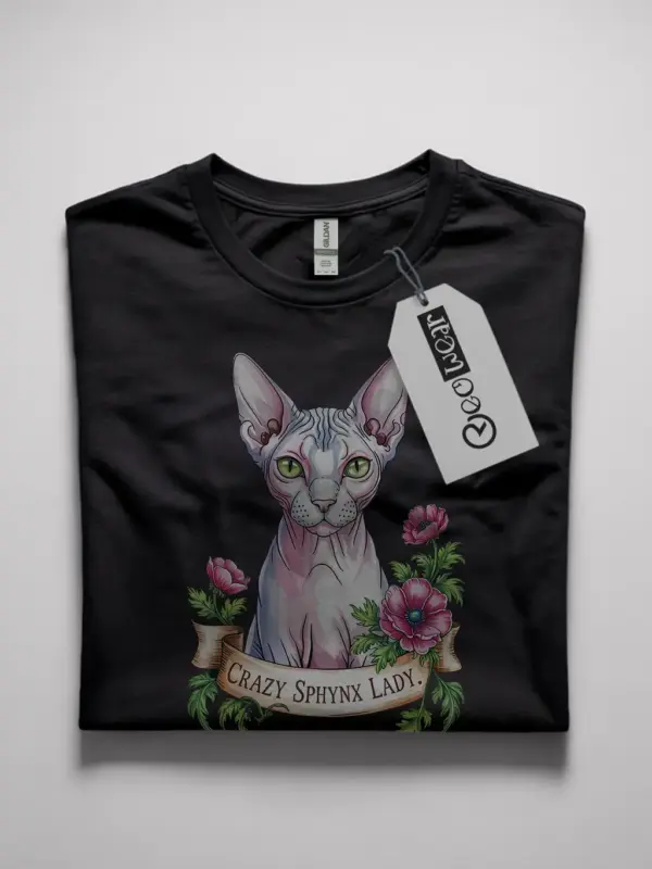 Crazy sphynx lady shirt in black – women’s watercolor cat tee