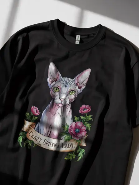 Crazy sphynx lady shirt in black – women’s watercolor cat tee