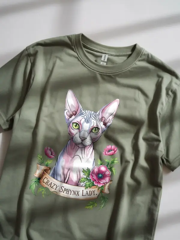 Military green crazy sphynx lady shirt – whimsical sphynx cat t-shirt for women