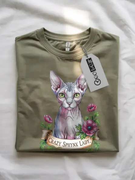 Military green crazy sphynx lady shirt – whimsical sphynx cat t-shirt for women