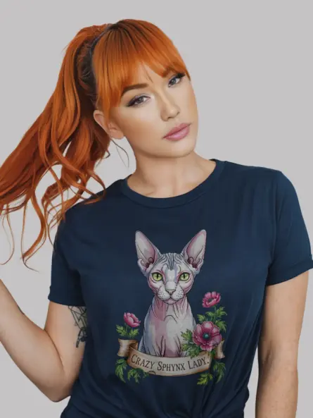 Navy crazy sphynx lady shirt – cute cat mom tee for women