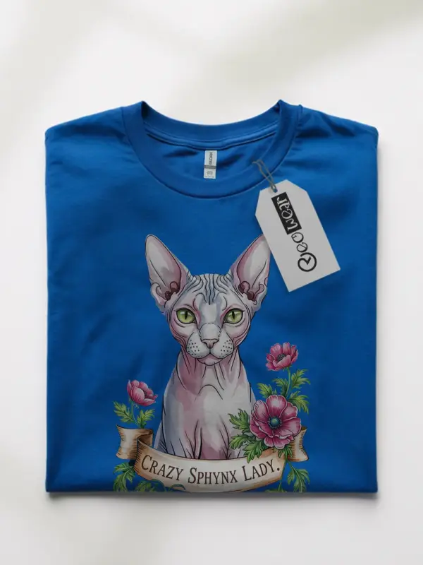 Royal blue crazy sphynx lady shirt – artistic sphynx cat lover t-shirt for women