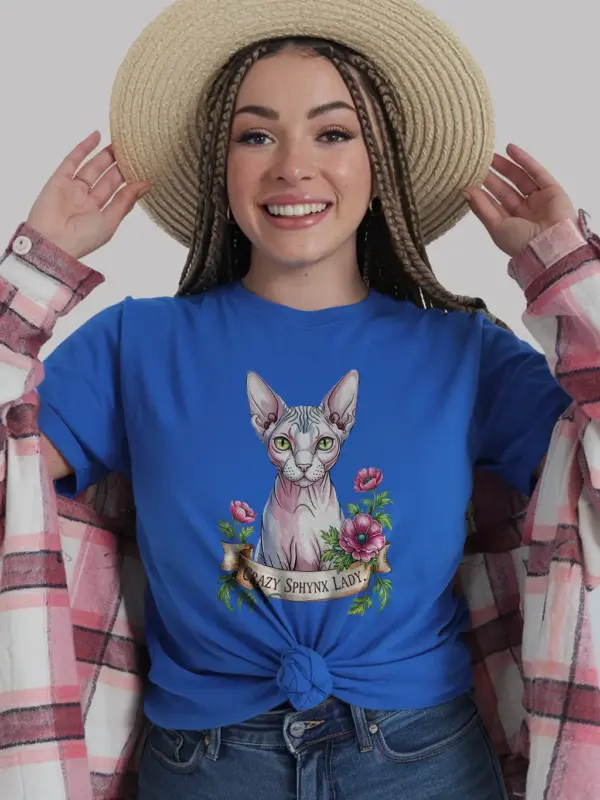 Royal blue crazy sphynx lady shirt – artistic sphynx cat lover t-shirt for women