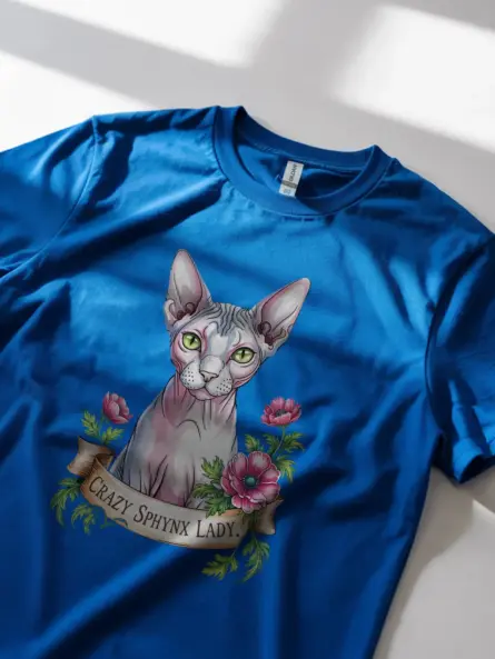 Royal blue crazy sphynx lady shirt – artistic sphynx cat lover t-shirt for women
