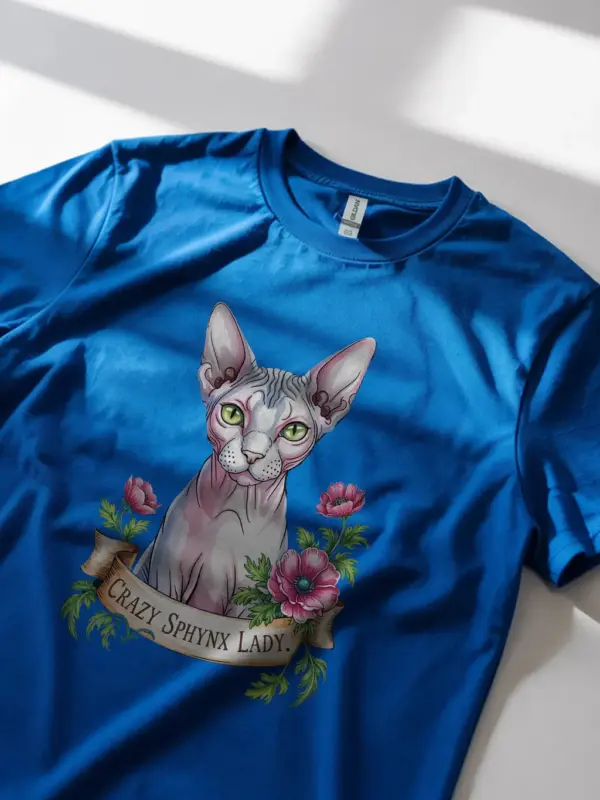 Royal blue crazy sphynx lady shirt – artistic sphynx cat lover t-shirt for women