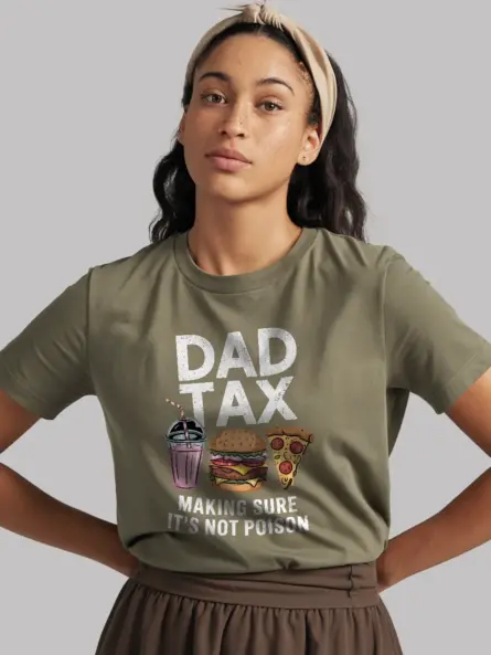 Dad tax t-shirt in military green – fast food shirt, funny dad t-shirt, burger and fries design