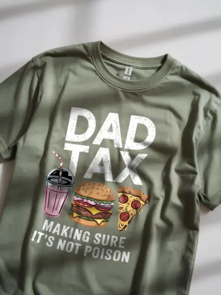 Dad tax t-shirt in military green – fast food shirt, funny dad t-shirt, burger and fries design