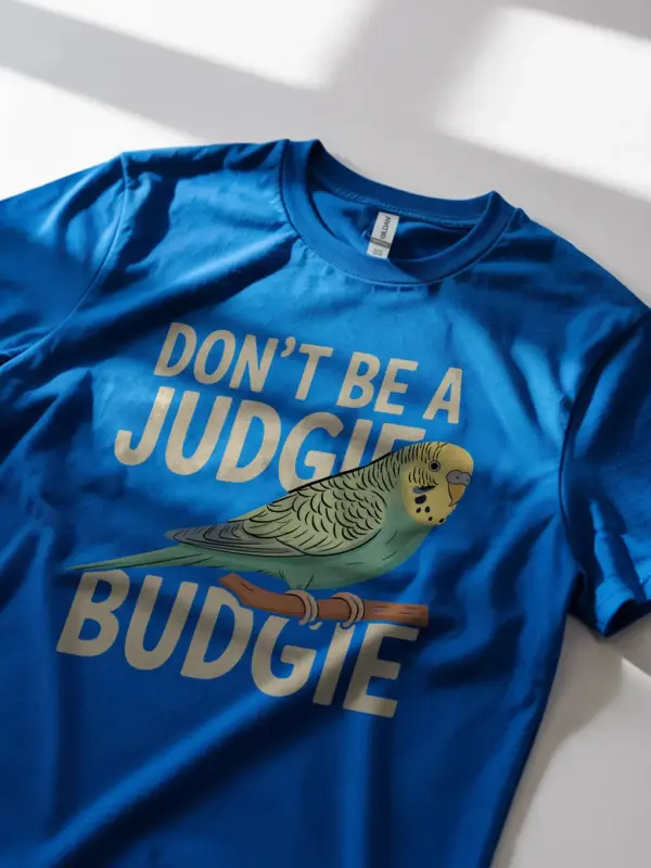 Don't be a judgie budgie shirt 1 Royal blue budgie humor shirt – cute parrot lover tee, linnie shirt