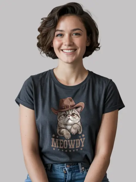 Dark heather exotic shorthair meowdy shirt – western cat mom dad gift tee