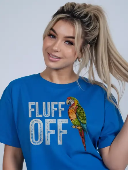 Harlequin Macaw Shirt, royal blue Funny Parrot Lover Gift, Hybrid Macaw, FLUFF OFF t-shirt
