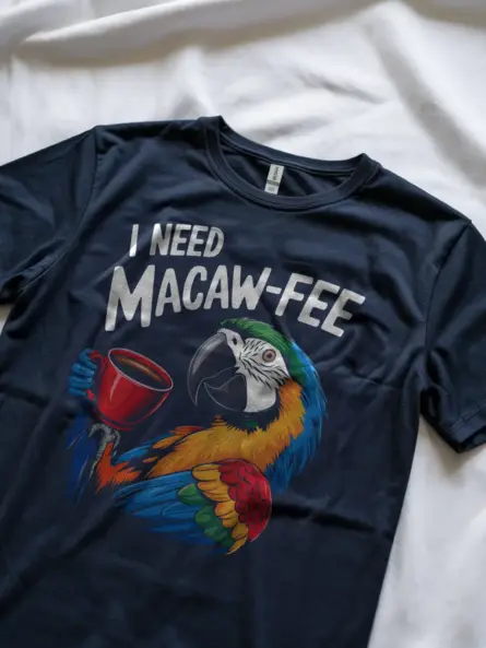 Navy I Need Macaw-Fee T-Shirt – Pet Graphic Tee, Coffee Parrot Shirt