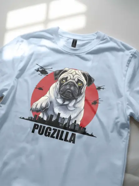 Light blue kaiju pug t-shirt with city skyline design