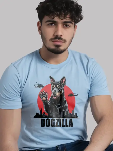 Dogzilla shirt on light blue – dog lover gift tee