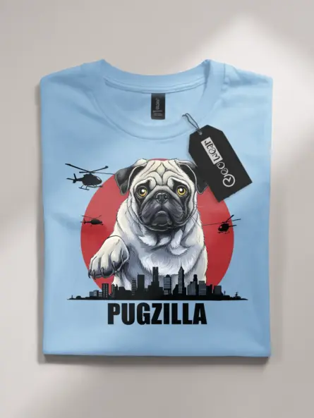 Light blue kaiju pug t-shirt with city skyline design