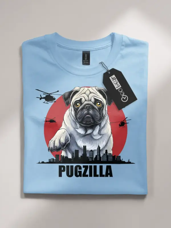 Light blue kaiju pug t-shirt with city skyline design