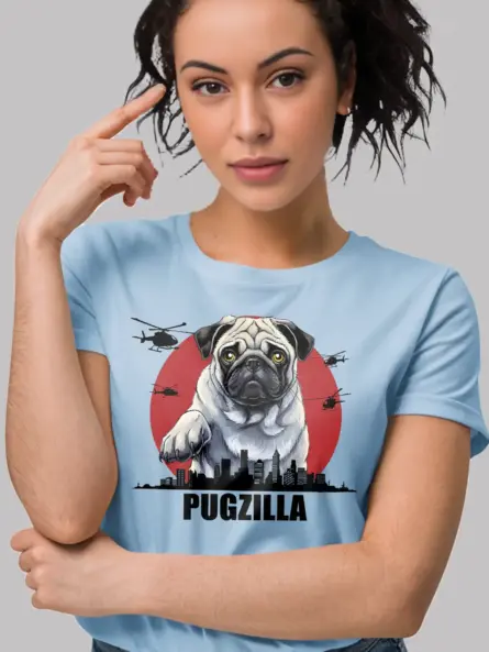 Light blue kaiju pug t-shirt with city skyline design