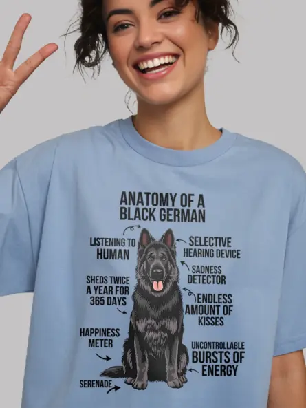 Black german shepherd shirt, black shepherd infographic, dog breed humor shirt – light blue