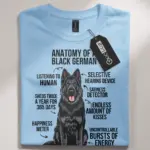 Black german shepherd shirt, black shepherd infographic, dog breed humor shirt – light blue