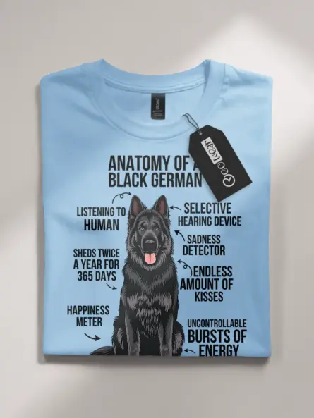 Black german shepherd shirt, black shepherd infographic, dog breed humor shirt – light blue