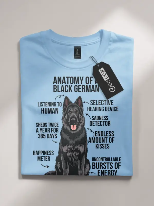 Black german shepherd shirt, black shepherd infographic, dog breed humor shirt – light blue