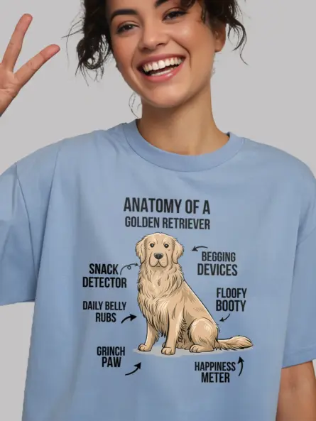 Golden retriever shirt, golden retriever anatomy, floofy dog shirt – light blue