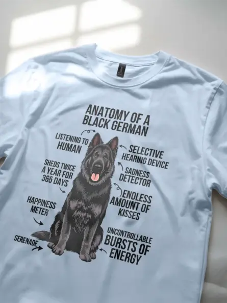 Black german shepherd shirt, black shepherd infographic, dog breed humor shirt – light blue