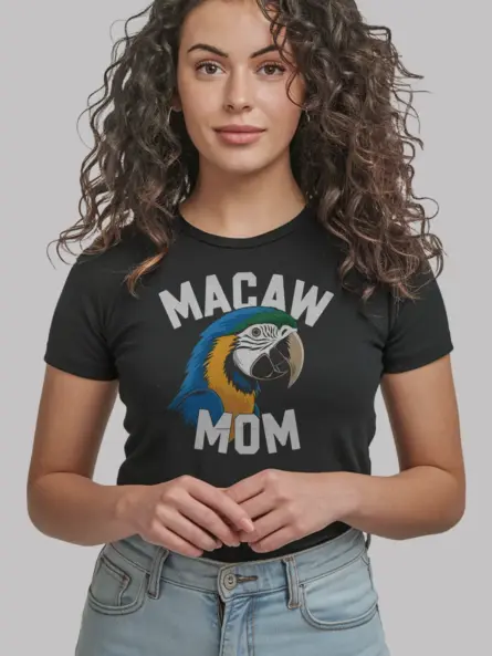 Macaw mom t-shirt in black – blue and yellow parrot shirt for moms