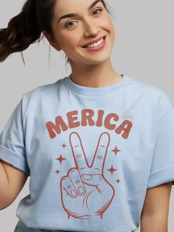 4th of july shirt with 'merica text and peace sign – light blue patriotic tee
