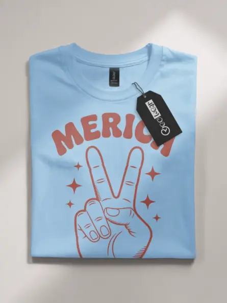 4th of july shirt with 'merica text and peace sign – light blue patriotic tee