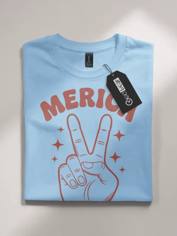 4th of july shirt with 'merica text and peace sign – light blue patriotic tee