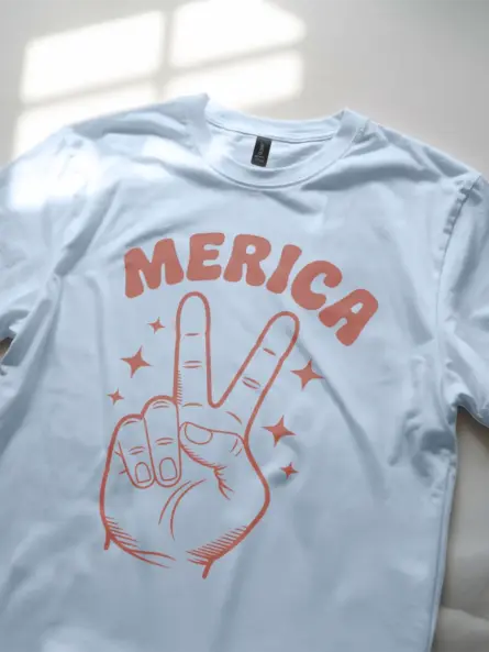 4th of july shirt with 'merica text and peace sign – light blue patriotic tee