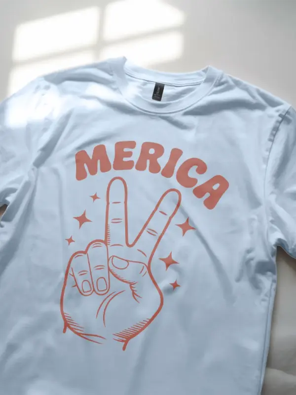 4th of july shirt with 'merica text and peace sign – light blue patriotic tee