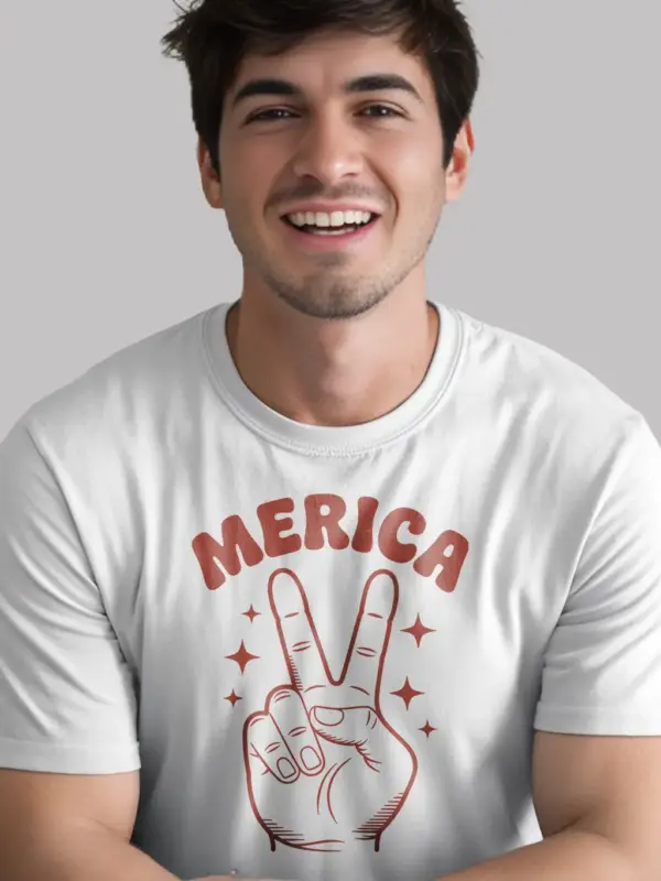Usa shirt for 4th of july with peace sign and 'merica – white color option
