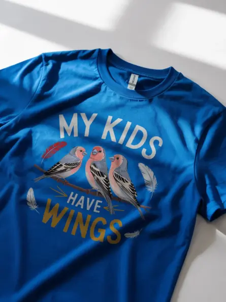 Royal blue my kids have wings tee – cute finch shirt for bird moms