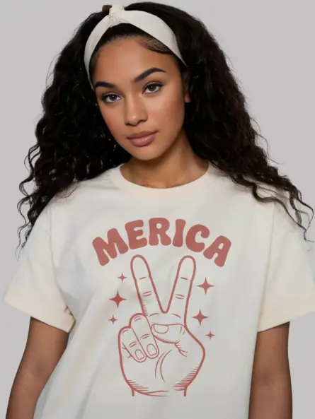 4th of july shirt with peace sign and 'merica word art – natural color retro design
