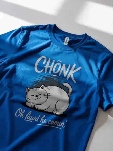 Royal blue chonk cat shirt – oh lawd he comin' tee for pet parents
