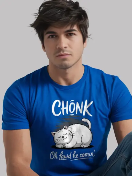 Royal blue chonk cat shirt – oh lawd he comin' tee for pet parents